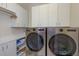 Modern laundry room with stainless steel appliances and white cabinets at 528 Lobelia Dr, Lake Mary, FL 32746