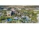 Aerial view of community amenities with multiple pools, splashpad, lush landscaping, cabanas, and nearby houses at 8914 Caroline Bay Ct, Kissimmee, FL 34747