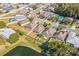 Aerial view of homes with landscaped lawns, fenced yards, and a scenic pond at 3722 Madbury Cir, Lakeland, FL 33810