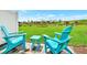 Backyard patio featuring blue Adirondack chairs and a table, and a view of a manicured lawn at 8146 Coconut Pl, Kissimmee, FL 34747