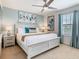 Bedroom featuring a bed with decorative pillows, a nightstand, artwork, and a window with curtains at 1602 Lima Ave, Kissimmee, FL 34747