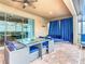 Inviting outdoor patio with stylish seating, cool blue curtains and pool view at 1602 Lima Ave, Kissimmee, FL 34747