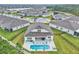 Aerial view of a home with a pool, patio, well-kept lawn, and surrounded by lush landscaping and other homes at 6105 Citrus Grove Ct, St Cloud, FL 34771