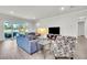 Modern living room with view to outdoor pool through sliding glass doors at 6105 Citrus Grove Ct, St Cloud, FL 34771