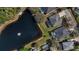 Aerial view of homes with screened in pools surrounding a pond with fountain and lush landscaping at 2732 Aloma Oaks Dr, Oviedo, FL 32765