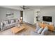 Comfortable living room featuring a stylish sofa, a ceiling fan, a modern TV, and neutral-toned decor at 437 Georgia Ave, St Cloud, FL 34769