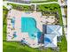 Aerial view of the community pool with lounge chairs, blue umbrellas, and manicured landscaping at 5266 Buttonsage Dr, St Cloud, FL 34772