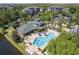 Aerial view of the community pool and recreation center featuring a pool, spa, and clubhouse at 9051 Treasure Trove Ln # 505, Kissimmee, FL 34747