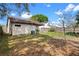 Backyard with grass and a wooden fence featuring a covered patio and green trees at 1080 Abell Cir, Oviedo, FL 32765