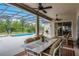 Covered patio with dining table and outdoor seating overlooking the pool at 335 Prestwick Dr, Davenport, FL 33897