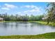 Scenic view of a calm pond surrounded by lush greenery and homes under a partly cloudy sky at 5766 Lesabre Dr, Kissimmee, FL 34746