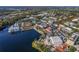 Aerial view of a downtown area near a waterfront featuring retail shops and buildings in a lively community at 819 Veranda Pl, Celebration, FL 34747