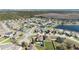 Aerial view of neighborhood featuring single-Gathering homes with fenced yards, mature trees, and a community pond at 3223 Queen Alexandria Dr, Kissimmee, FL 34744