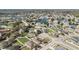 Aerial view of neighborhood with single-Gathering homes, fenced yards, mature trees, and a pond at 3223 Queen Alexandria Dr, Kissimmee, FL 34744