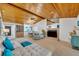 Spacious living room featuring a wood ceiling, fireplace, comfortable seating, and an open layout at 721 Glenridge Way, Winter Park, FL 32789