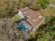 Overhead view of a home with a screened pool, detached garage and inviting backyard at 9332 Windy Ridge Rd, Windermere, FL 34786