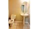 Bathroom with neutral walls, tile flooring, toilet and pedestal sink with oval mirror at 14448 Pleach St, Winter Garden, FL 34787