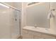 Well-lit bathroom featuring a glass enclosed shower with white tiling, single sink, and a large mirror at 2683 Manesty Ln, Kissimmee, FL 34747