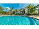 Large, luxurious community pool surrounded by palm trees, sun loungers, and umbrellas, perfect for relaxing or swimming laps at 2683 Manesty Ln, Kissimmee, FL 34747