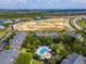 Aerial view of apartments with a pool, parking, lush trees, and distant cityscape at 505 Rum Run # 505, Davenport, FL 33897