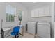 Bright laundry room with a desk, two windows, upper cabinets, and modern washer and dryer appliances at 2977 Howley Aly, St Cloud, FL 34771