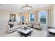 Bright living room with modern chandelier, neutral furniture, and large windows at 6406 Tabebuia Pkwy, Winter Garden, FL 34787