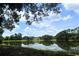 Scenic pond view with tree-lined shore and reflections of homes and sky on the water's surface at 8121 Deville Ct, Orlando, FL 32817