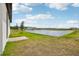 Expansive backyard view featuring a serene pond, lush grass, and neighboring homes at 4002 Copperleaf Ln, Poinciana, FL 34759