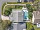 Overhead view of a home's backyard with a pool, surrounded by greenery and a well-maintained neighborhood at 554 Queensbridge Dr, Lake Mary, FL 32746