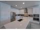 Modern kitchen featuring an island with seating, stainless steel appliances, and white cabinetry at 7464 Gathering Dr, Reunion, FL 34747