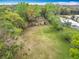 Aerial view of expansive yard with shed and house, surrounded by lush greenery and mature trees at 15523 Old Cheney Hwy, Orlando, FL 32828