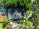 Stunning aerial view of private backyard oasis featuring pool, spa, lush landscaping, and screened-in lanai with mature trees at 235 Nob Hill Cir, Longwood, FL 32779