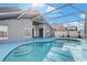 Enclosed pool area with beautiful blue water, attached to a gray two story home at 2570 Chatham Cir, Kissimmee, FL 34746