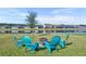 This beautiful backyard has a view of the pond, as well as a fire pit and chairs at 585 Mosaic Blvd, Daytona Beach, FL 32124