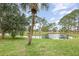 Expansive backyard featuring well maintained lawn and views of the serene pond and mature trees at 2007 Cornell Pl # 4, Port Orange, FL 32128