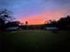 Backyard view features two sheds in the distance under a multicolored sunset sky at 13045 Mountain Trail, Clermont, FL 34715