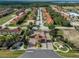 Aerial view of the community entrance gate with water feature, surrounded by lush landscaping and homes at 1411 Pacific Rd, Poinciana, FL 34759