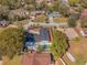 A bird's eye view showcasing a home with a backyard pool and circular driveway at 172 Post And Rail Rd, Longwood, FL 32750