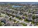 A high aerial showcases a neighborhood with single Gathering homes, streets, and nearby lake at 713 Duff Dr, Winter Garden, FL 34787