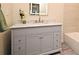 Bathroom with marble countertop, gray cabinets, square mirror, and modern fixtures at 938 S Bumby Ave, Orlando, FL 32806