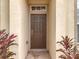 Close-up of a secure front door surrounded by decorative plants and neutral stucco walls at 250 Ryans Ridge Ave, Eustis, FL 32726