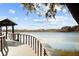 Picturesque view of the property's lakefront dock and serene lake, perfect for relaxation and recreation at 8122 Pine Island Rd, Clermont, FL 34711