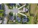 An aerial view showcasing a neighborhood cul-de-sac with well-manicured lawns and neatly arranged homes at 2121 Knollview Ct, Oviedo, FL 32765