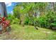 A lush backyard featuring a thriving orange tree, verdant foliage, and manicured lawn at 2932 Bayhead Run, Oviedo, FL 32765