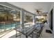 Covered patio with seating and a view of the screened in pool area at 511 Coventry Rd, Davenport, FL 33897