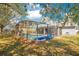 Pool in screened enclosure in the backyard is surrounded by trees and grass at 511 Coventry Rd, Davenport, FL 33897