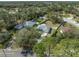 An aerial view of the property surrounded by mature trees, a pool, and nearby houses at 607 S Glencoe Rd, New Smyrna Beach, FL 32168