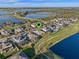 Scenic aerial shot of a home with lush green lawn and a serene pond at 15993 Johns Lake Overlook Dr, Winter Garden, FL 34787