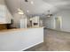 Open concept view of the kitchen and living room with white cabinets and neutral carpet at 15525 Seymour Ln, Groveland, FL 34736