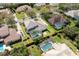 A high-angle aerial view of a backyard pool with screened enclosure and a meticulously maintained lawn at 8661 Crestgate Cir, Orlando, FL 32819